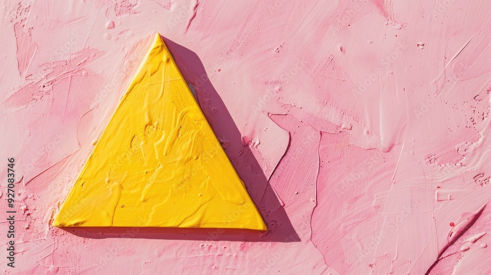 Poster a yellow triangle, painted with thick, textured strokes, sits on a pink textured surface. the triang