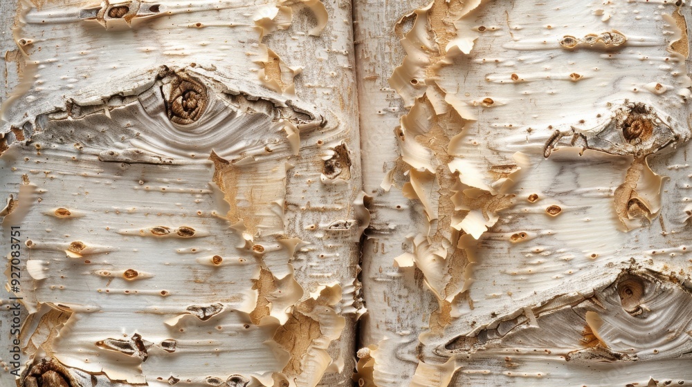Poster the image shows a close up of white birch bark, with peeling bark and knots. the bark is a creamy wh