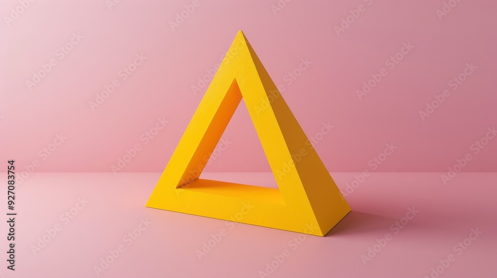 Poster a bright yellow triangle shape sits on a light pink background, casting a subtle shadow. the triangl