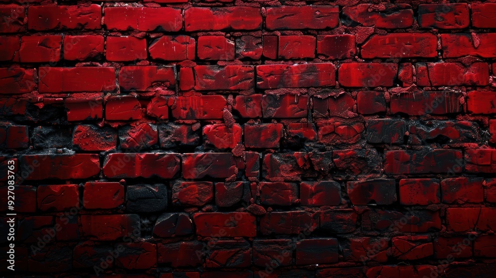 Poster a close-up of a weathered red brick wall, showing the texture of the bricks and the mortar between t