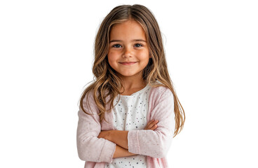 Portrait of a smiling young blonde girl standing with her arms crossed, isolated on transparent background