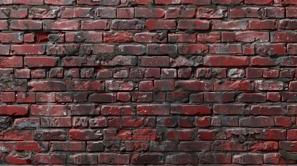 A close-up shot of a red brick wall with visible mortar and dirt stains. Some of the bricks are chipped or cracked, revealing the darker interior of the brick. The overall texture of the wall is rough