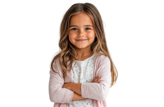 Portrait of a smiling young blonde girl standing with her arms crossed, isolated on transparent background