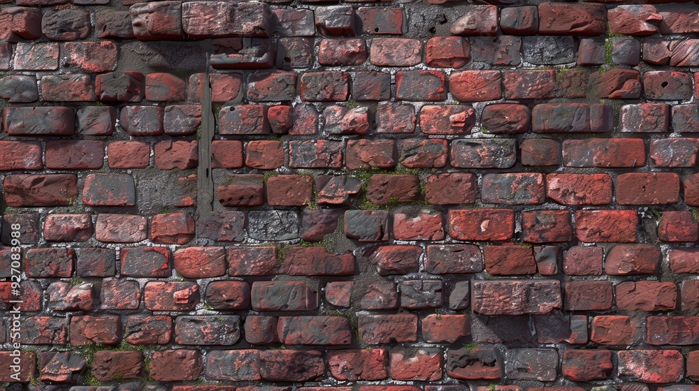 Poster a close-up view of a weathered red brick wall. the bricks are arranged in a traditional running bond