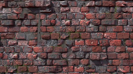 A close-up view of a weathered red brick wall. The bricks are arranged in a traditional running bond pattern. Some of the bricks are chipped and cracked, and there is green moss growing in the mortar 