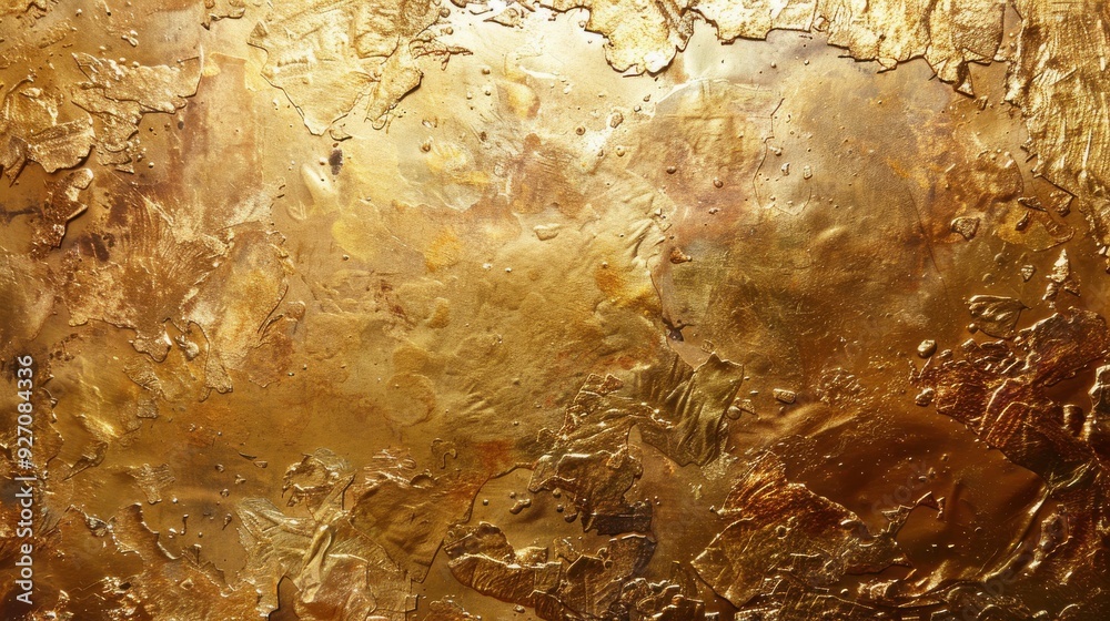 Poster A close-up view of a textured, metallic gold paint surface. The paint has been applied in thick layers, creating a variety of peaks and valleys. Light reflects off of the surface, creating a shimmerin
