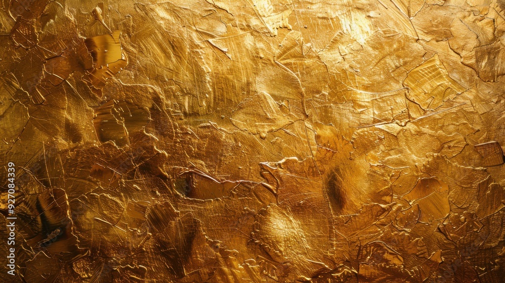 Poster The image shows a close-up of a textured surface covered in gold paint. The paint has been applied with a brush, creating a variety of interesting patterns and textures. The lighting is soft and warm,
