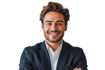 Portrait of a smiling businessman in suit, professional headshot, isolated on transparent background