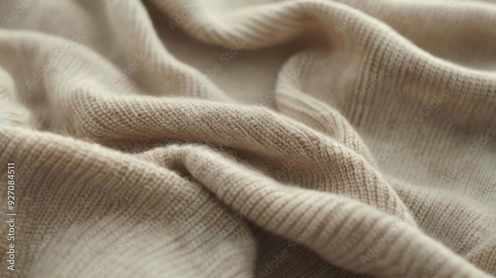 Poster a close-up photo of a soft, creamy beige knit fabric with a textured surface. the fabric is folded a