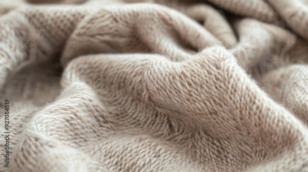 Poster the image shows a close up view of a wrinkled, soft, beige knit fabric. the fabric is light and airy