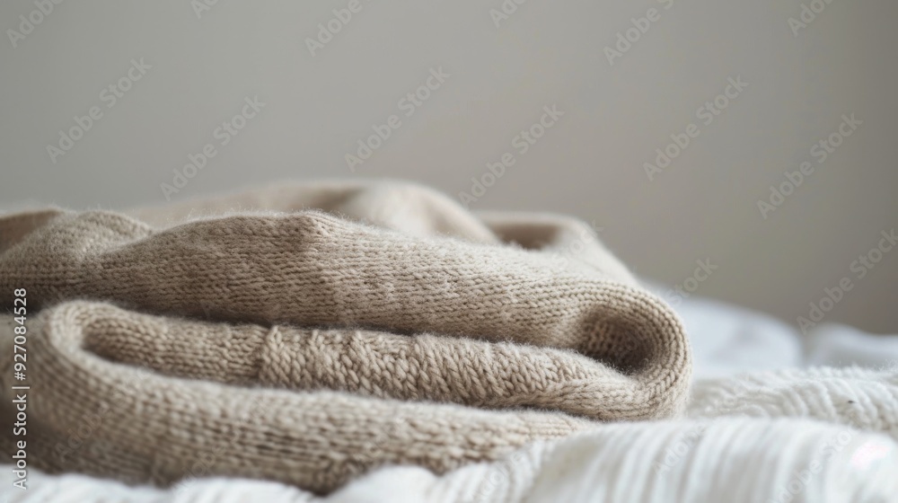 Poster a soft beige knit sweater is folded and resting on a white blanket, creating a cozy and inviting ima