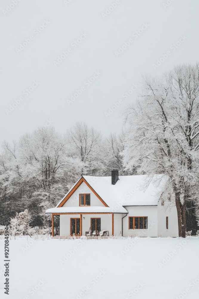 Sticker white house in snowy field