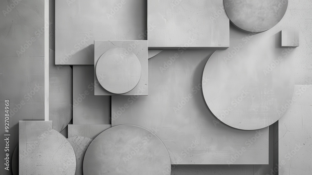 Aufkleber A close-up shot of a wall with multiple geometric shapes arranged in a seemingly random order. The shapes are all in different sizes and varying shades of gray, creating an abstract, minimalist design