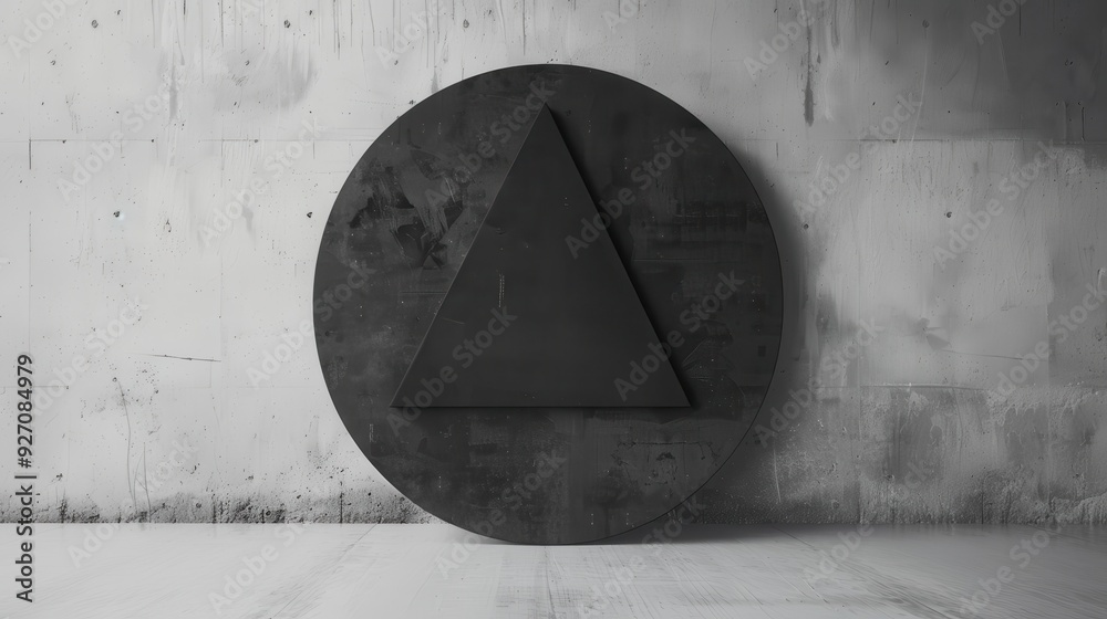 Poster A black triangle is centered inside a large, black circular object. The object is sitting in front of a textured concrete wall with grey and white tones.