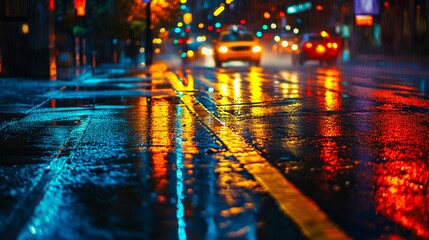 Naklejka premium A wet city street at night with cars driving on it
