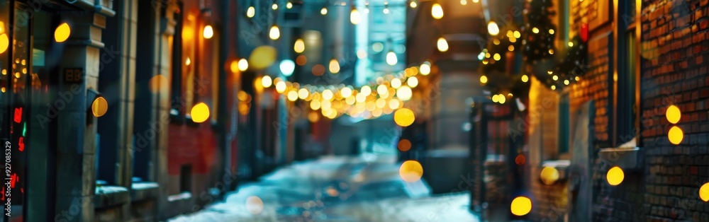 Poster a narrow, snow-covered alleyway in a city is lit up with festive string lights hanging from the buil