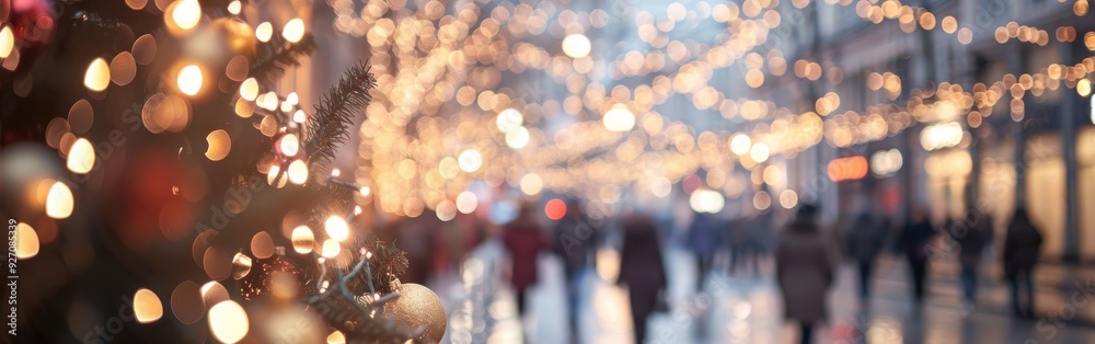 Poster a blurred background of people walking down a city street lined with string lights. the lights are o