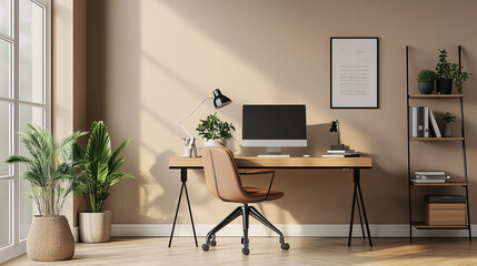 Modern Minimalist Workspace with Natural Light and Greenery