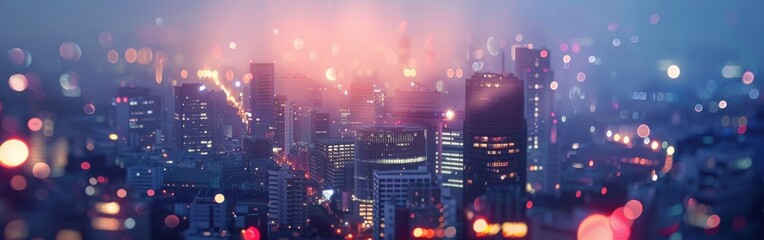 Fototapeta premium An aerial view of a city at dusk, with many tall buildings and blurred lights. The sky is filled with a soft, pink and purple haze. The city lights twinkle through the fog, creating a beautiful and dr