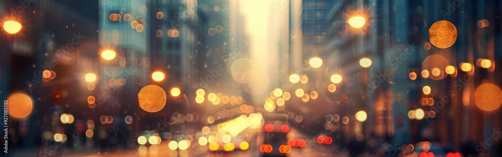 Poster a view of city lights at dusk, blurred through a window. the warm yellow glow of streetlights and ve