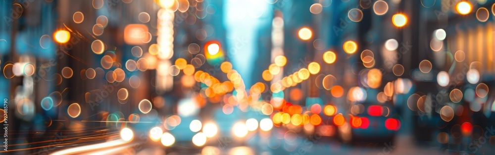 Poster a blurry photo of a city street at dusk. the street lights and traffic lights are visible as glowing