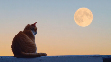 A cat lounging on a rooftop, gazing at a moon that is much larger and closer than normal, almost touching the horizon.