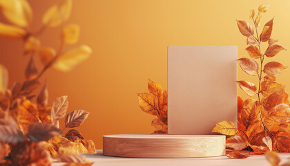 Product podium in autumn warm colors with autumn plants for product presentation