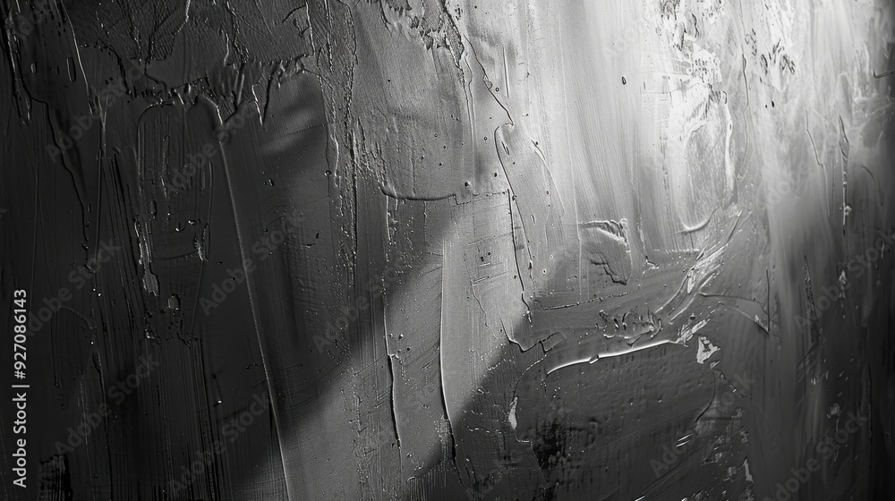 Poster A close-up view of a textured gray wall, illuminated by a beam of sunlight, casting a bright patch on the rough surface. The light highlights the unevenness of the wall, creating a dramatic abstract p