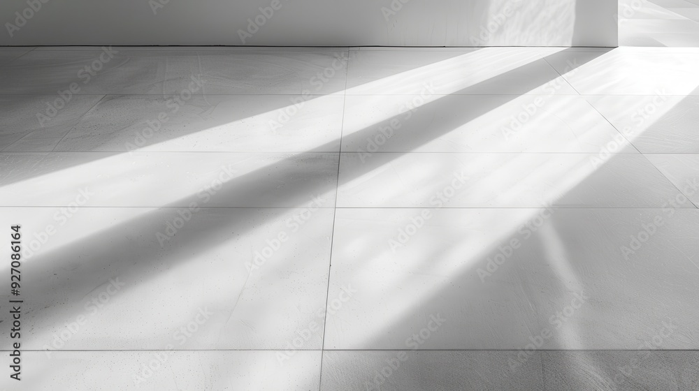 Poster Sunlight streams through a window, casting long, thin shadows across a tiled floor. The light illuminates the room, creating a bright and airy atmosphere.