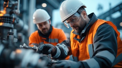Oil refinery during maintenance shutdown with workers inspecting machinery.
