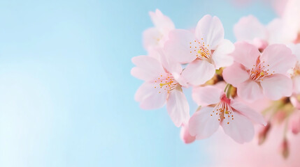 Fototapeta premium A close-up of cherry blossoms in full bloom, with delicate pink flowers against a bright blue sky, capturing the essence of spring.