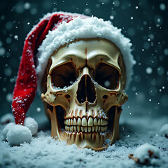Santa skull in snow over dark background,Merry xmas and Happy new year concept