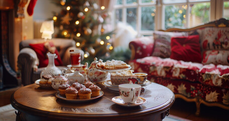 Fototapeta premium Cozy Living Room with Christmas Tea Party Set-Up and Holiday Pastries by a Decorated Tree