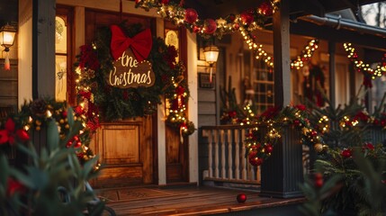 Fototapeta premium Festive Front Porch with Holiday Lights, Garlands, and Christmas Decorations for Seasonal Cheer