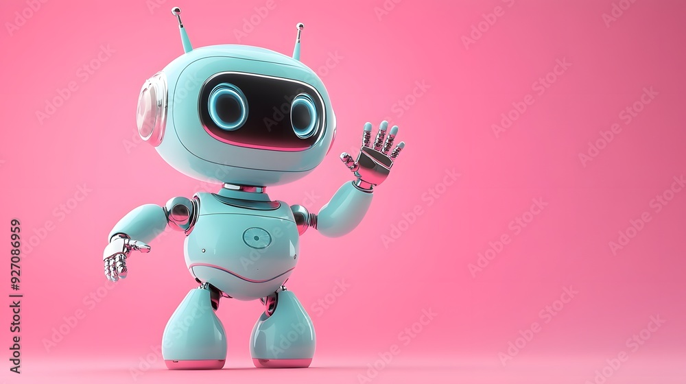 Canvas Prints friendly robot waving on pink background.