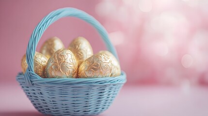Golden Easter Eggs in Blue Basket on Pink Background.