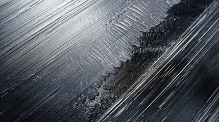 A close-up photograph of a black and silver abstract painting with brushstrokes. The brushstrokes are long and thin, and they create a diagonal pattern. The black brushstrokes are slightly raised, giv