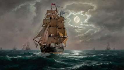 Fototapeta premium Night Sea Sailing Ship with Torn Sails Covered by Moonlight Oil Painting.