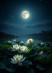 lotus flowers in the lake under the moonlight shining from full moon on the dark night sky