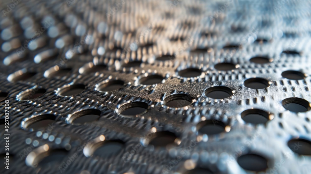 Poster a close-up shot of a perforated metal sheet. the sheet has numerous circular holes evenly spaced and
