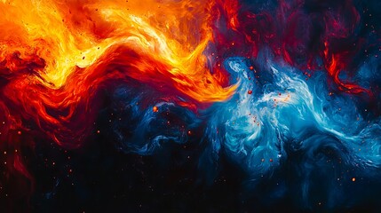 A painting of a blue and red fire and blue smoke