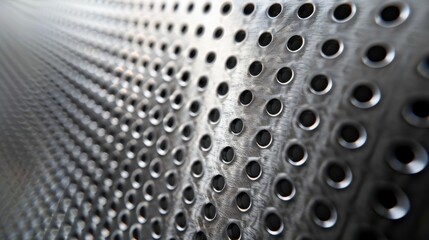 A close-up view of a metallic surface with a pattern of evenly spaced, circular holes. The surface appears to be slightly curved, creating a slight depth effect. The holes are uniform in size and are 