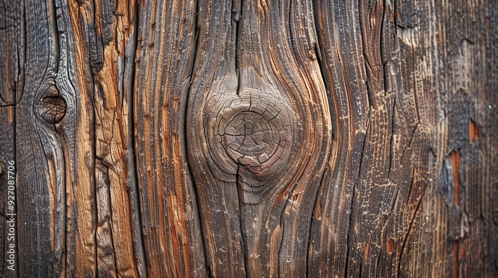 Poster a close-up shot reveals the intricate patterns of a knot in weathered wood. the grain of the timber 