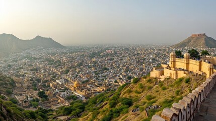Obraz premium A panoramic view of the Jaipur cityscape with the majestic Amber Fort in the background.