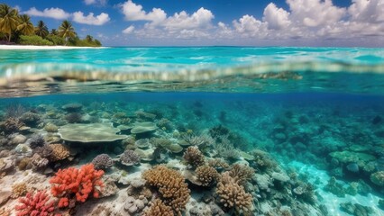 Fototapeta premium Clear turquoise water with coral reef below, vibrant and tropical.