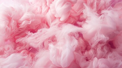 A close-up view of a mound of pink cotton candy, with the light reflecting off of the soft, fluffy fibers.