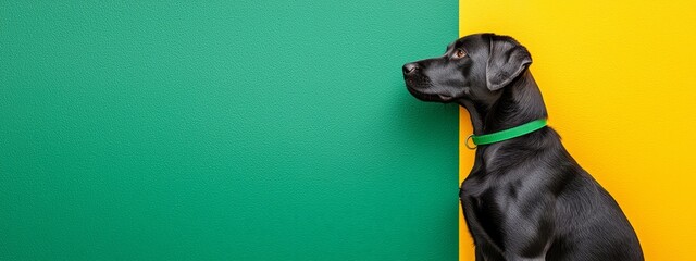  A black dog with a green collar stands before a yellow-green wall Its head rests against a section of the wall, which is green and yellow