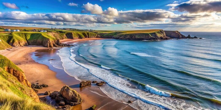 Coastal landscape at Eyemouth with a view of the sea, sky, beach, waves, and Killies fish , Eyemouth, Killies, St Abbs, sea, sky