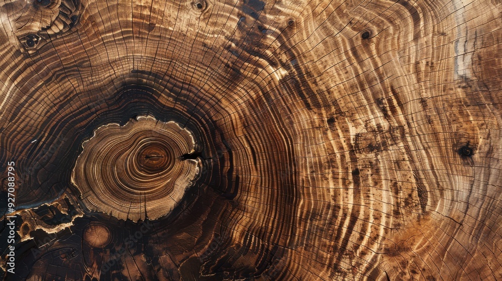 Poster The image captures a detailed close-up of a tree trunk, revealing intricate patterns of wood grain and growth rings. The center of the trunk is highlighted, showcasing a tightly packed cluster of ring