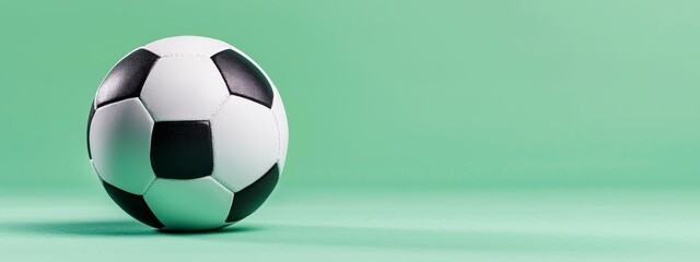 Obraz premium A vivid close-up of a soccer ball against a green and white backdrop Ideal for text or graphic insertion